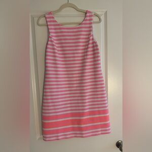 Bright pink striped Lilly shift dress.